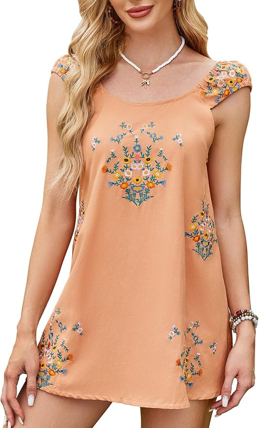 Loafawes Linen Mini Cute Dress Women Floral Embroidered Dress with Crew Neck and Sleeveless Casua... | Amazon (US)