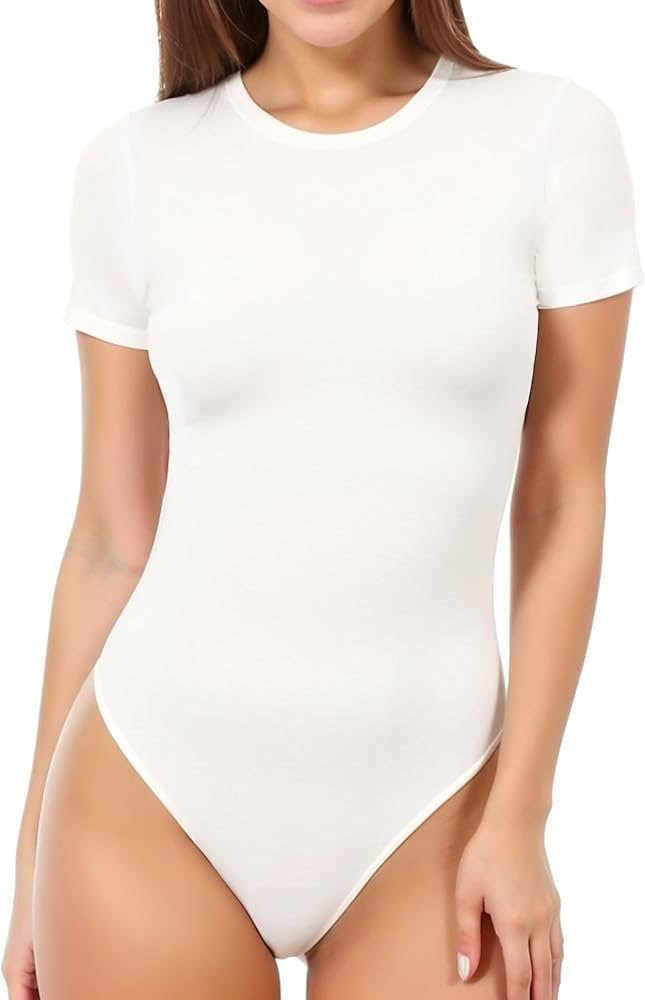 MANGOPOP Women's Round Neck Short Sleeve T Shirts Basic Bodysuits | Amazon (US)