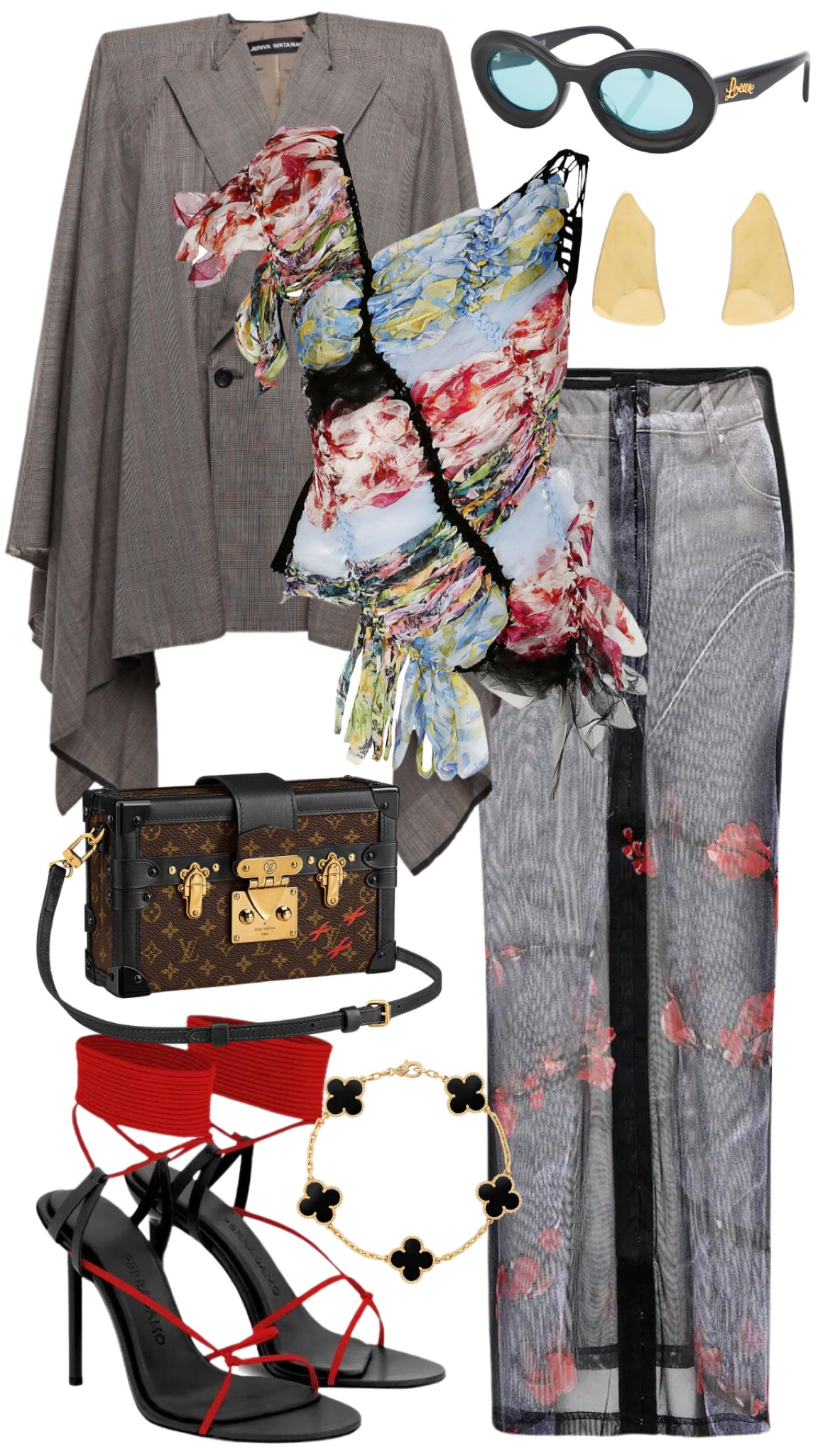y/project x jean paul gualtier skirt 
dries van noten top 
junya watanabe blazer 
louis vuitton petite malle bag 
ferragamo sandals 
loewe sunglasses 
saint laurent earrings 

#LTKFind #LTKitbag #LTKstyletip
