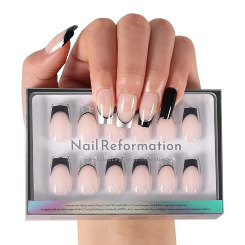 Nail Reformation Press On Nails, Smoky Mirror | Short Coffin Fake Nails with Nude Base & Black Chrome French Tips, Reusable Stick On Nails Kit - 32 Pcs in 16 Sizes with Glue, Manicure Gifts for Women | Amazon (US)