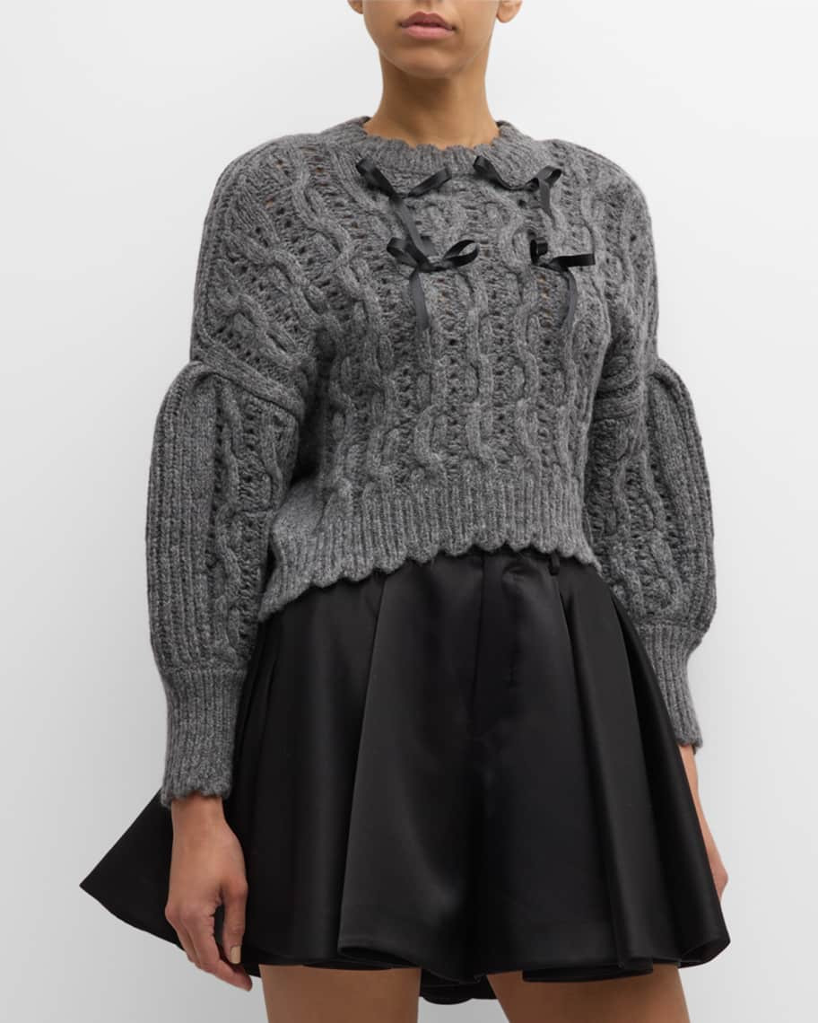 Simone Rocha Bow Puff-Sleeve Lace-Stitch Chunky Knit Crop Sweater | Neiman Marcus