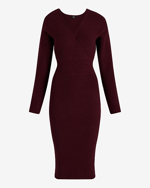 Ribbed V-Neck Surplice Midi Sweater Dress | Express