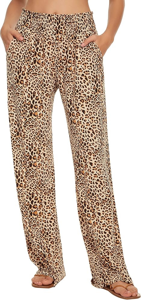 Urban CoCo Women's Boho Palazzo Pants Wide Leg Beach Pants High Waisted Lounge Pants with Pockets | Amazon (US)