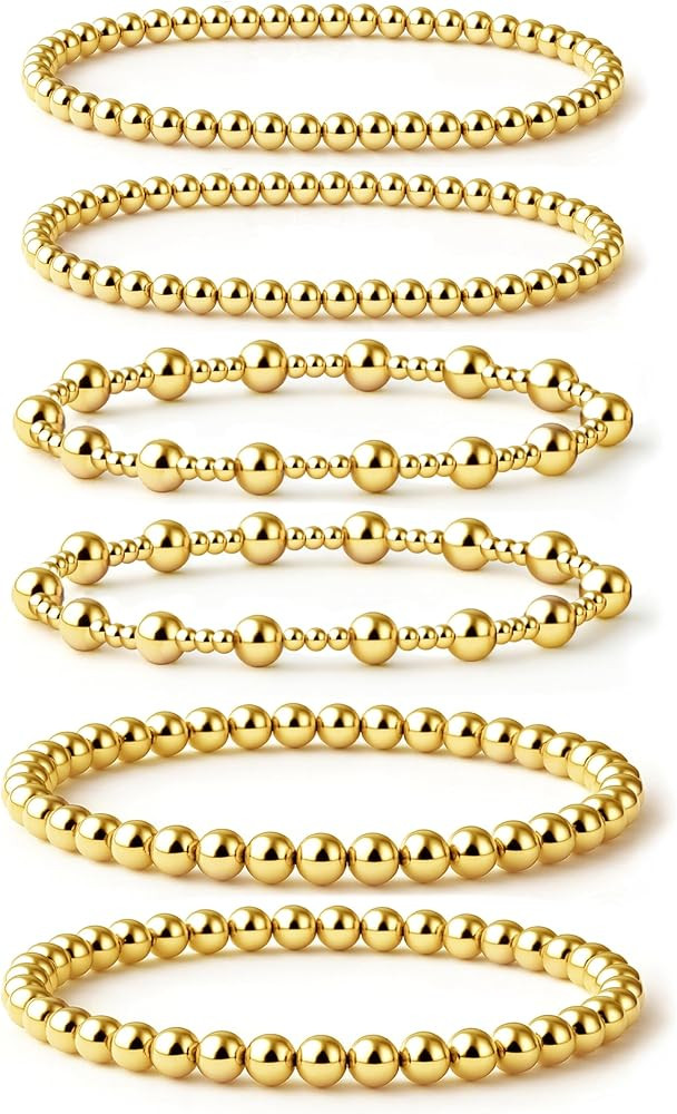 Gold Bracelets for Women 14K Gold Plated Stackable Bead Ball Bracelet Set Stretch Gold Beaded Bra... | Amazon (US)