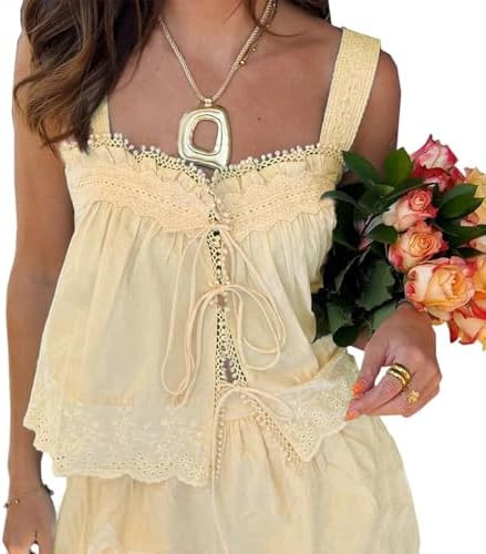 Women Y2K Lace Tie Front Tank Top Boho Eyelet Sleeveless Camisole Crop Vest Peplum Babydoll Going... | Amazon (US)
