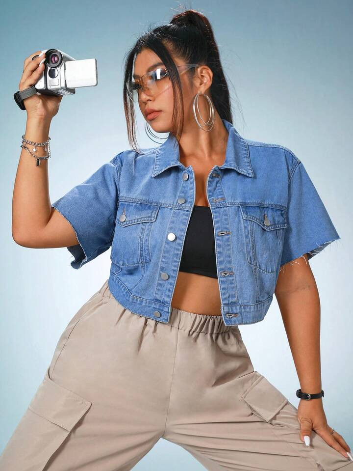 SHEIN ICON Plus Flap Pocket Crop Denim Jacket | SHEIN