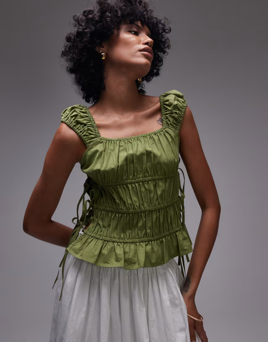 Topshop ruched tiered tie side top in green | ASOS (Global)