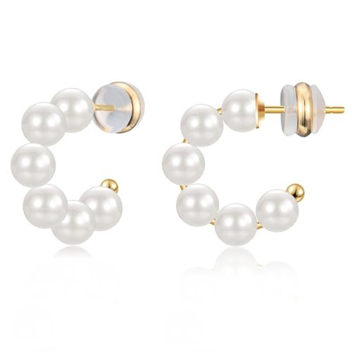 CERSLIMO Pearl Hoop Earrings for Women - 14K Gold Plated, Sterling Silver Post Medium Open Hoops 6mm Pearl Earrings Jewelry Gifts 15mm | Amazon (US)