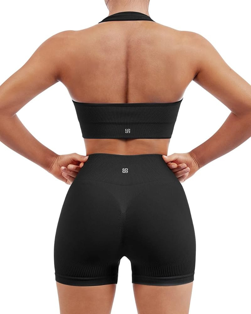 SUUKSESS Women Seamless Ribbed Workout Set Backless Sports Bra Booty Biker Short | Amazon (US)