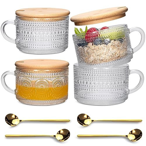 LUECMO Vintage Coffee Tea Cups [4 Pack], 14 oz Glass Tea Coffee Mugs, Clear Embossed Glass Cups for Cappuccino, Latte,Cereal, Yogurt, Beverage (2 sunflower + 2 raindrop) | Amazon (US)