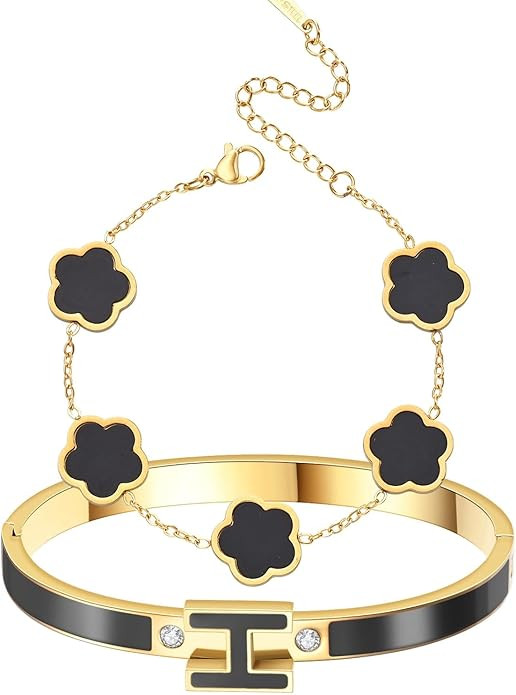 H Bangle & Clover Bracelet for Women - Stainless Steel Fashion Jewelry - 18K Gold Plated H Bangle... | Amazon (US)