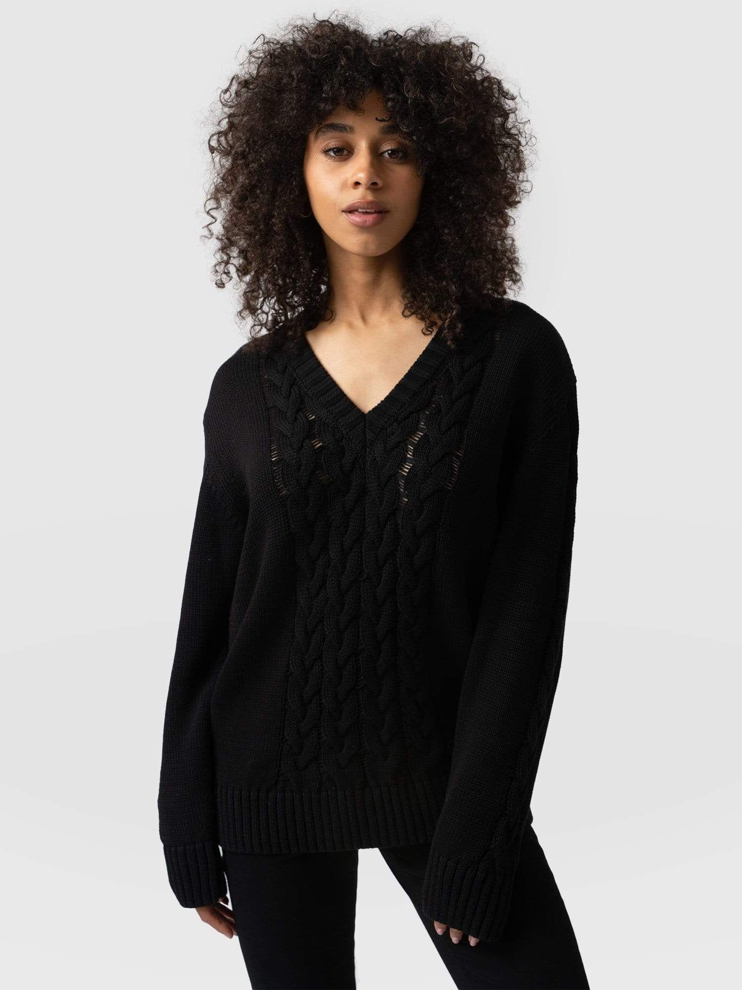Cotton Cable Knit Sweater - Black | Saint + Sofia (Global)