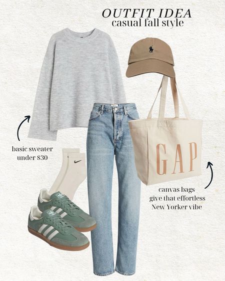 Outfit idea - everyday fall style 🤎 I’m really into canvas bags right now, feel like they give that effortless New Yorker vibe. 

Fall outfit; fall style; casual outfit; casual style; agolde denim; mom style; school drop off outfit; adidas sambas; green sambas; gap canvas bag; canvas bag; polo Ralph Lauren hat; gray sweater; Christine Andrew 

#LTKstyletip #LTKshoecrush #LTKunder100