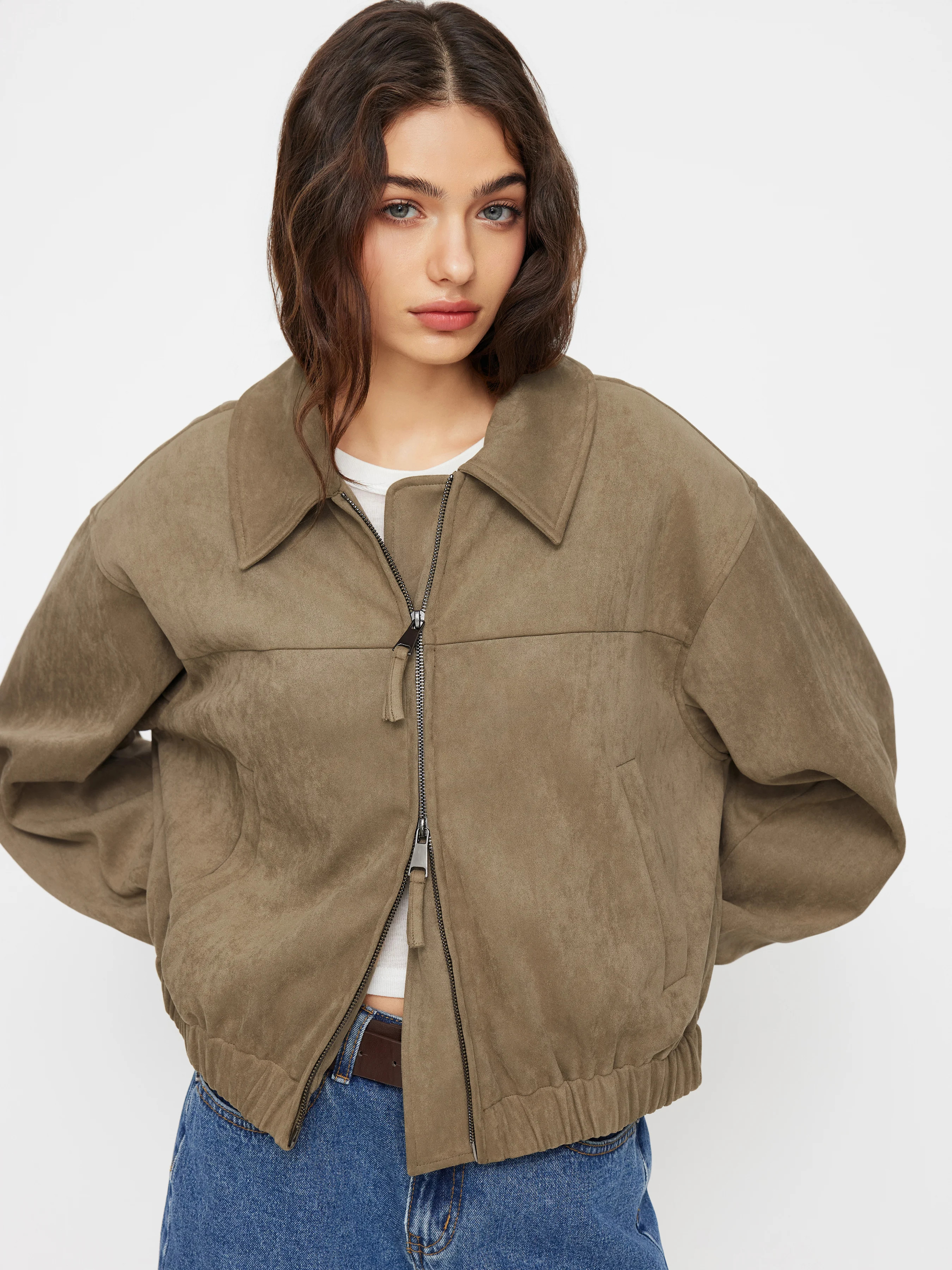 Suede Collar Zip Through Oversized Jacket | Cider