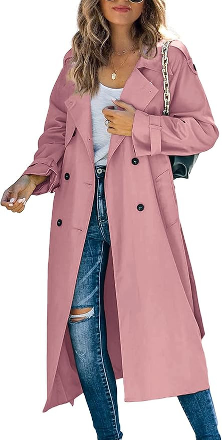 Makkrom Women's Double Breasted Long Trench Coat Windproof Classic Lapel Slim Overcoat with Belt | Amazon (US)