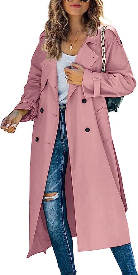 Makkrom Women's Double Breasted Long Trench Coat Windproof Classic Lapel Slim Overcoat with Belt | Amazon (US)