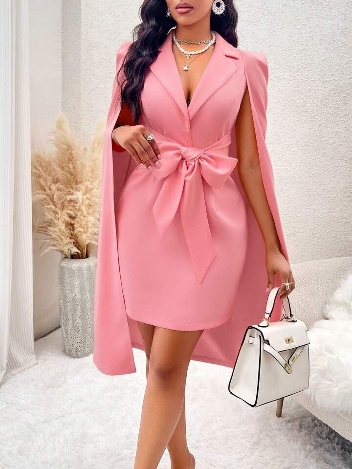 SHEIN Lady Vestido Con Manga De Capa Con Solapa Y Nudo Delantero | SHEIN