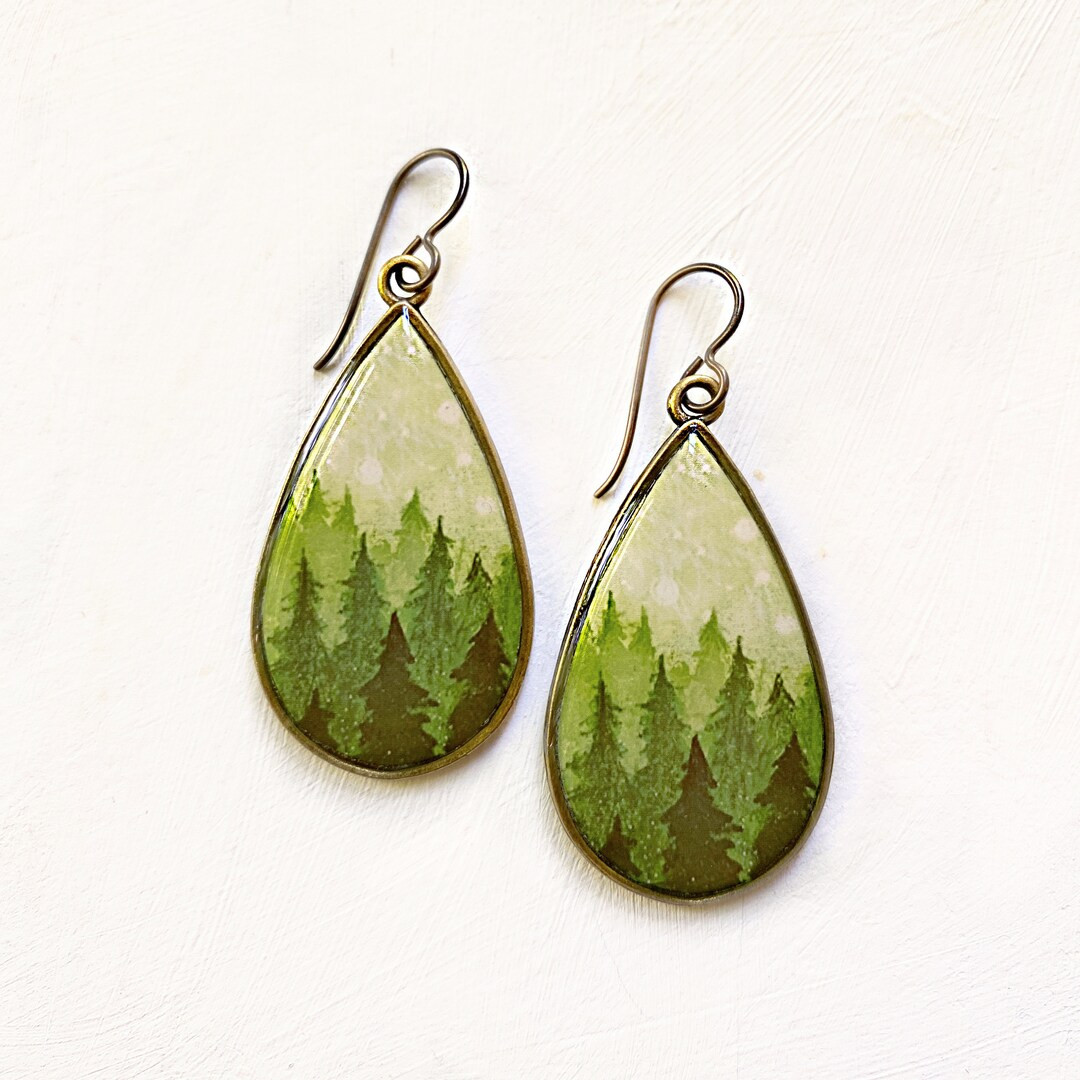 Forest Earrings, Art Jewelry, Big Earrings, Forest Print, Forest Art, Pine Tree, Green Earrings, ... | Etsy (US)