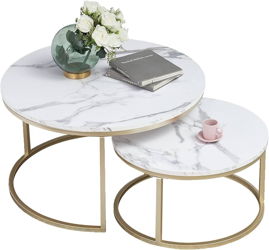 Yusong Round Coffee Tables Set of 2, Nesting Tables Living Modern Room Center Table with Faux Whi... | Amazon (US)