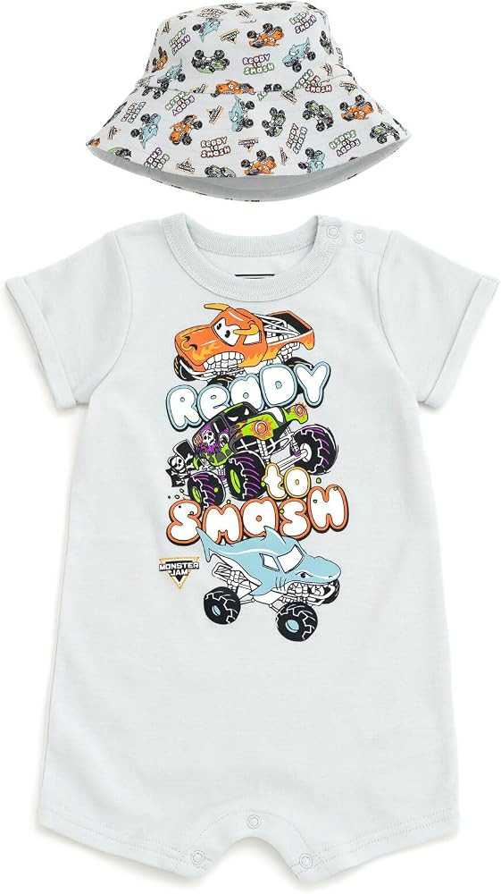 Monster Jam One Piece Romper and Bucket Hat Set Newborn to Toddler | Amazon (US)