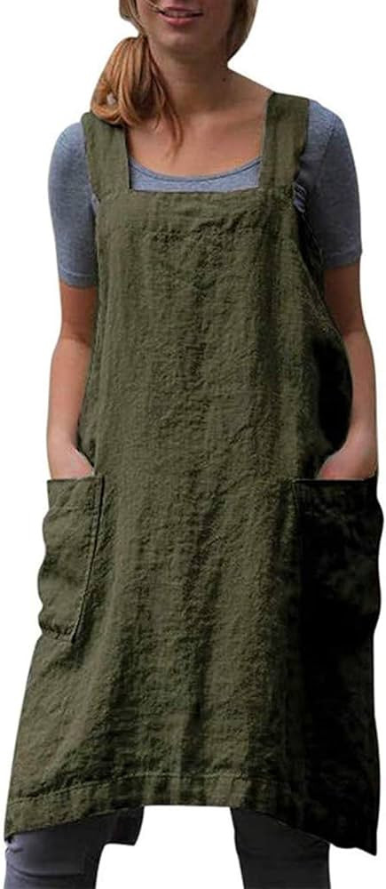 Cotton Linen Apron Cross Back Apron for Women with Pockets Pinafore Dress for Baking Cooking | Amazon (US)
