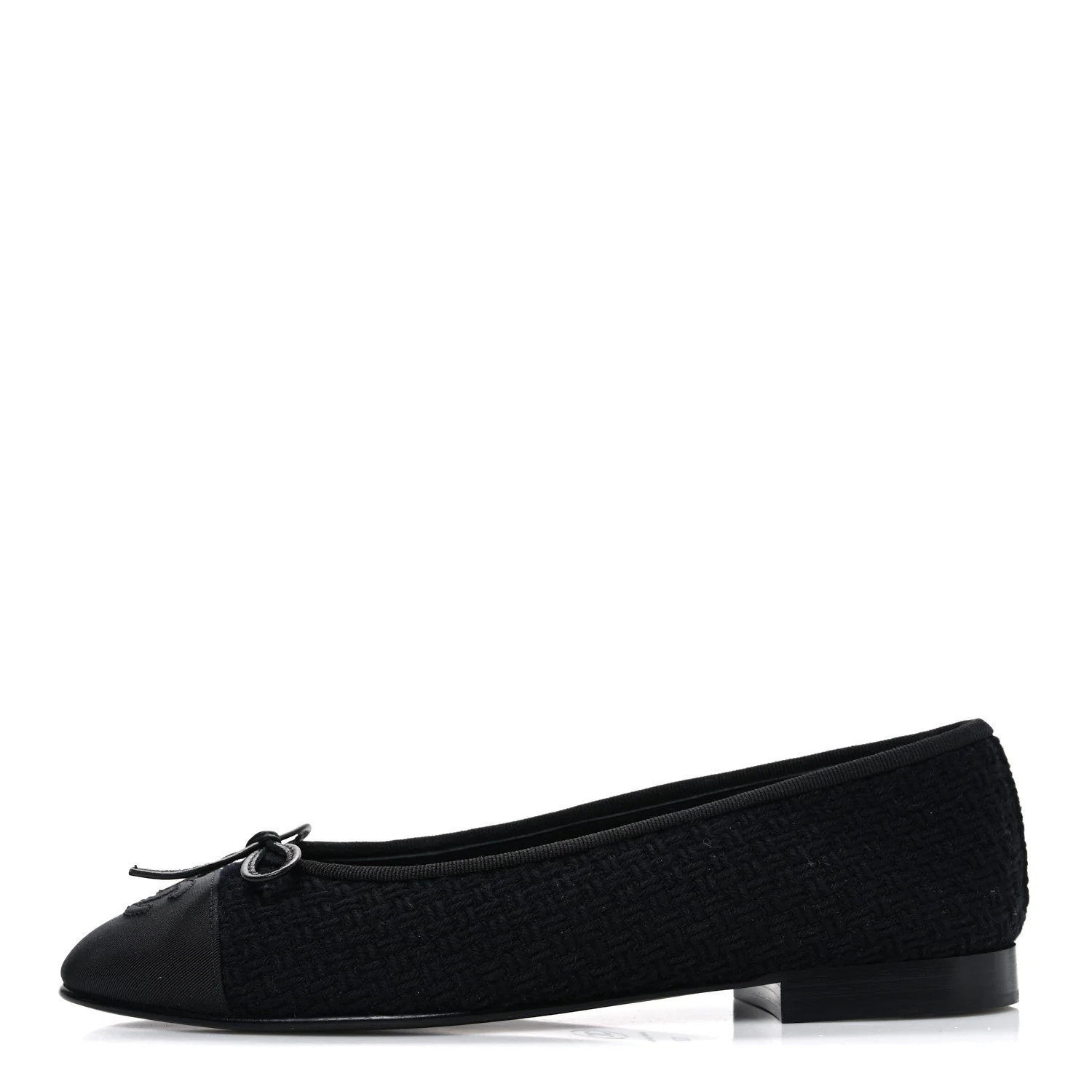 Wool Tweed Grosgrain Cap Toe CC Ballerina Flats 37.5 Black | FASHIONPHILE (US)