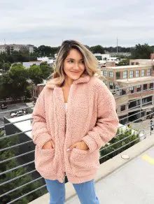 ZAFUL x Yasmine Bateman Pocket Zipper Drop Shoulder Fluffy Teddy Coat   COFFEE FIREBRICK PINK | ZAFUL (Global)