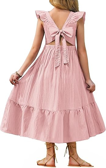 Amazon.com: Arshiner Girls Summer Dress Pink Easter Party Boho Tie Back Square Neck Swing Flowy T... | Amazon (US)