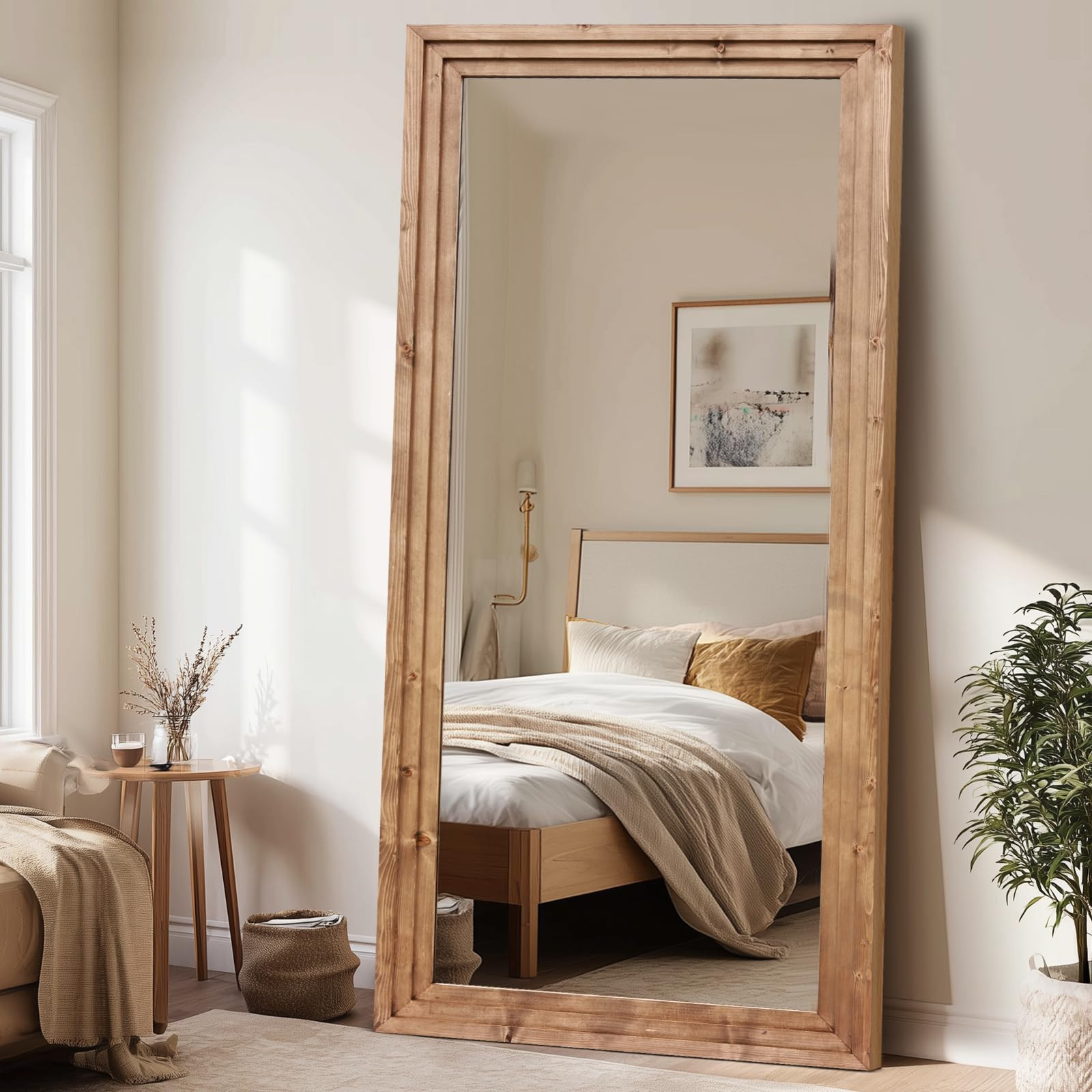 Full Length Wood Mirror 76x34 Rustic Solid Wood Floor Mirror with Triple Layer Frame, HD Tempered... | Amazon (US)
