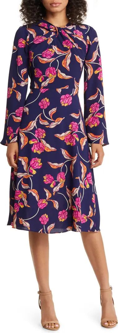 Floral Twist Neck Long Sleeve Midi Dress | Nordstrom