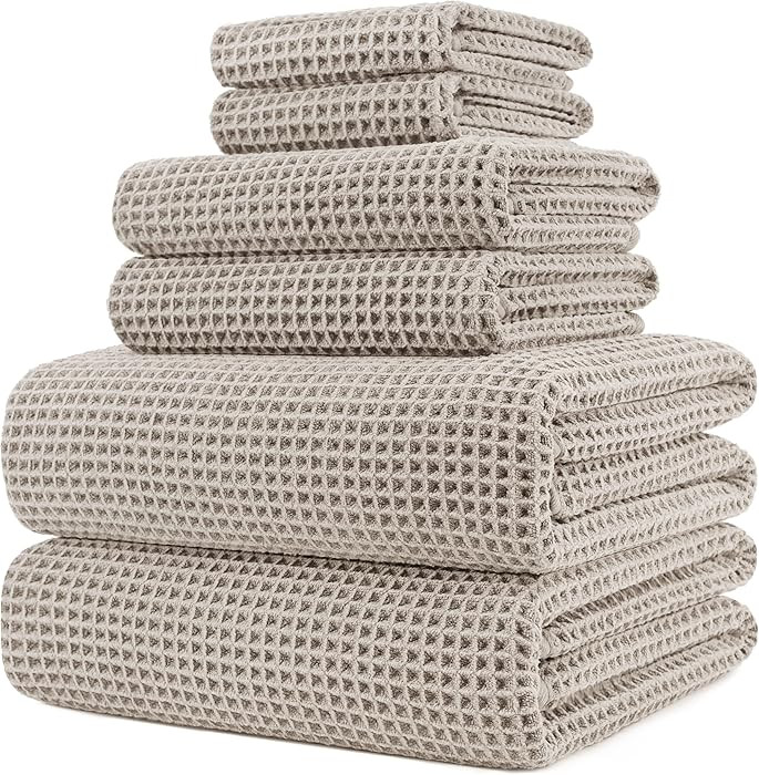 POLYTE Oversize, 60 x 30 in., Quick Dry Lint Free Microfiber Bath Towel Set, 6 Piece (Waffle Weav... | Amazon (US)