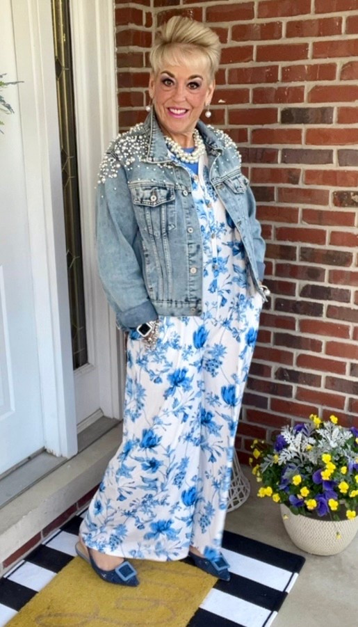 Pearl and Rhinestone Denim Jacket
Blue Floral Jumpsuit 
Blue Tshirt
Denim Buckle Flats