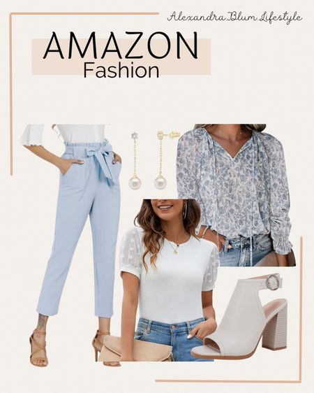 Amazon work outfit ideas! Business casual attire! Light blue dress pants, floral work tops and blouses, gold pearl drop earrings, open toe boot work shoes!! Best selling gold earrings. Amazon fashion! Amazon trends! Church outfit! Spring work outfit! 

#LTKSeasonal #LTKfindsunder50 #LTKworkwear