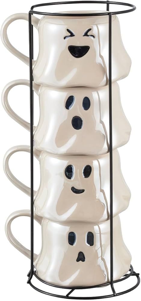 13-Ounce Halloween White Ghost Stoneware Stackable Mug Set with Iron Rack, Cute and Spooky Coffee... | Amazon (US)