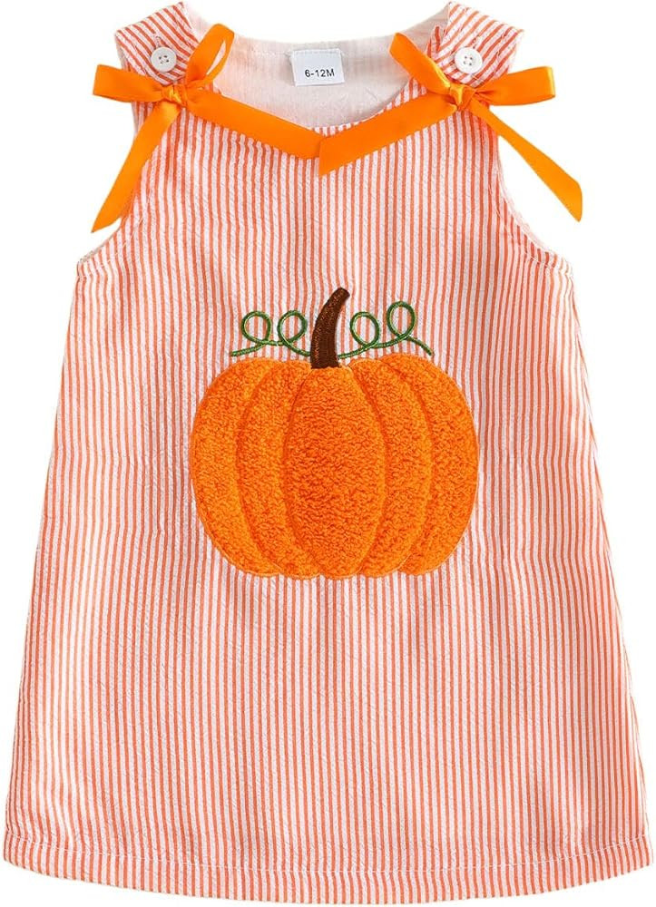 Toddler Baby Girl Halloween Outfit Pumpkin Striped Sleevless Tank Dress | Amazon (US)
