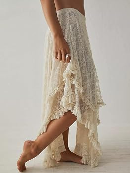 YKR Womens Lace Long Skirts Elastic Asymmetrical Layered Hem Sexy See-Through Flowy Skirts Floral... | Amazon (US)