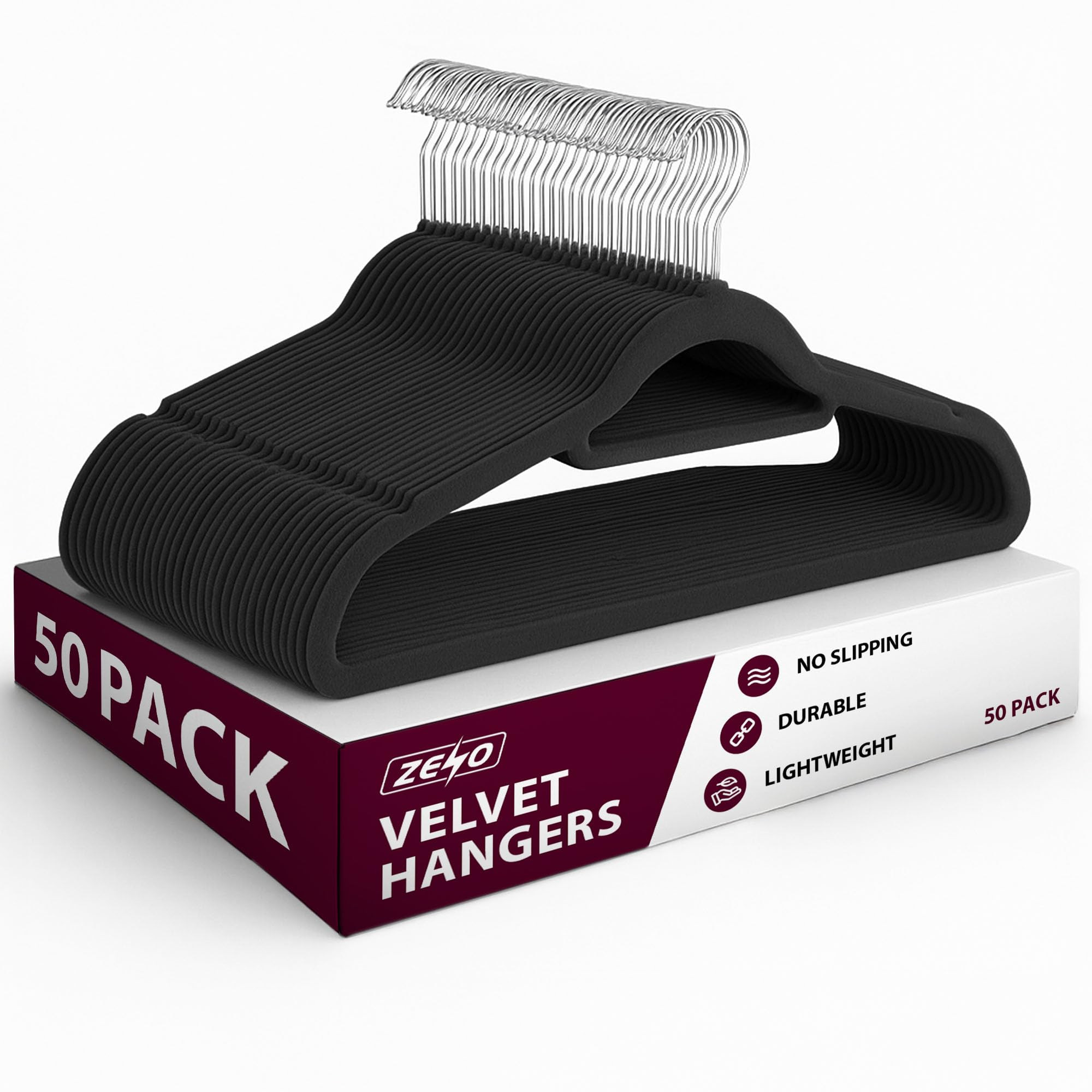 ZENO Velvet Hangers 50 Pack | Coat Hangers Adult | Non Slip Clothes Hangers with Tie Bar 360° Ho... | Amazon (UK)