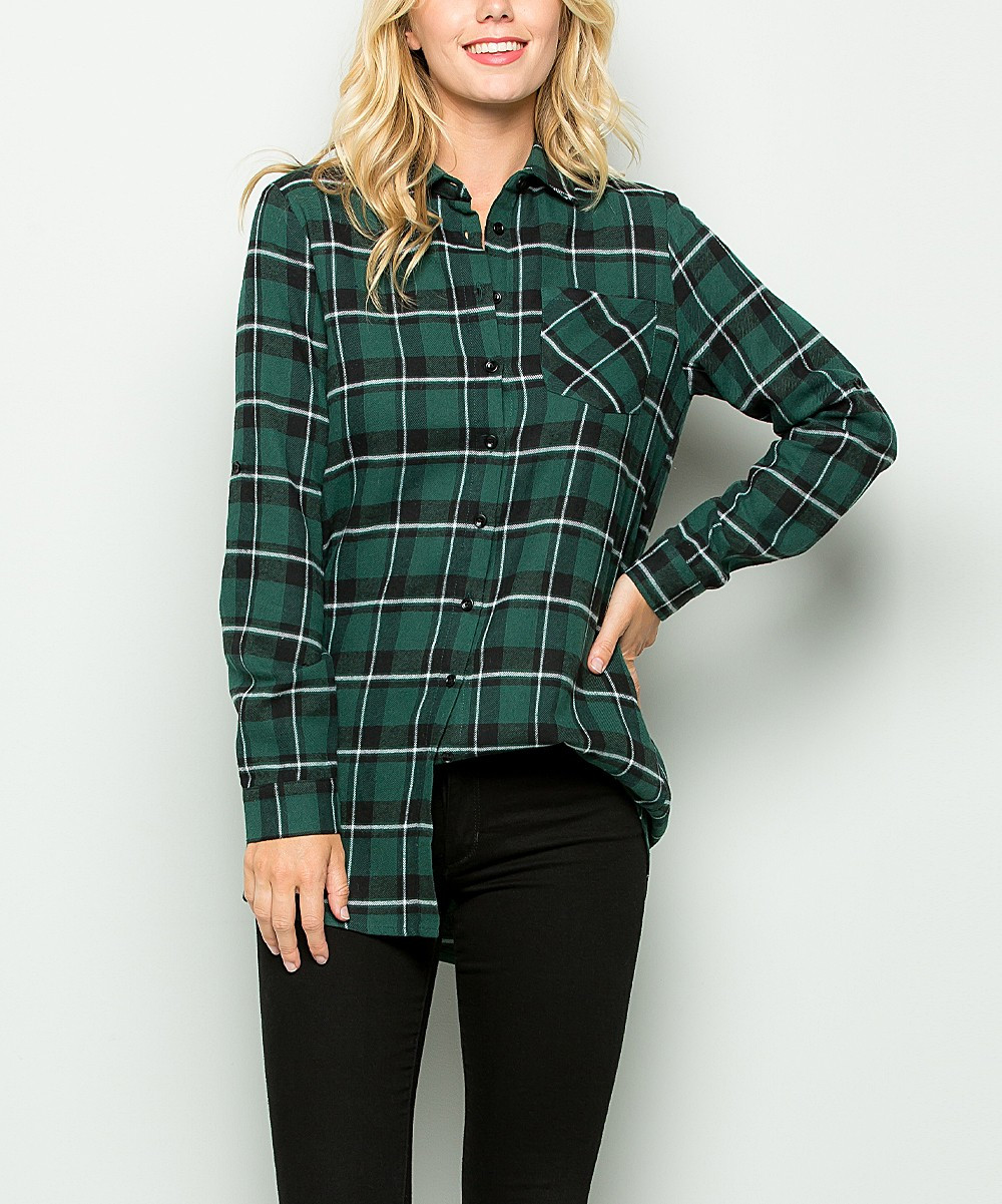 Acting Pro Women's Button Down Shirts Green - Green Plaid Pocket Button-Up - Plus | Zulily