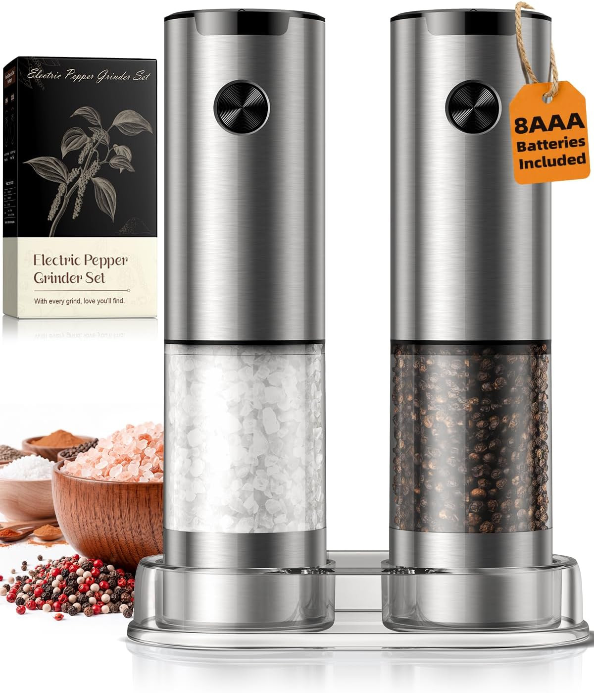Electric Salt and Pepper Grinder Set, Battery Automatic Salt and Pepper Shaker with Adjustable Coarseness, Large Capacity Pepper Mill with LED White Elephant Gifts(Battery-Stainless Steel) | Amazon (US)
