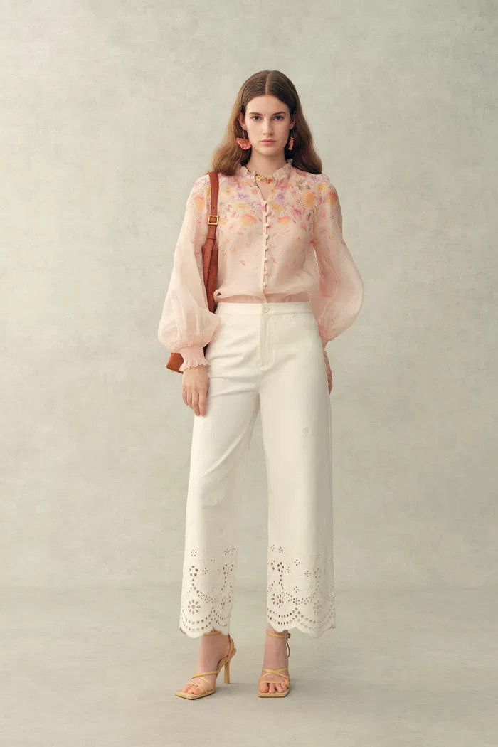 Lillian Handpainted Floral Embroidery Sheer Ombré Print Blouse in Silk | Fabrique