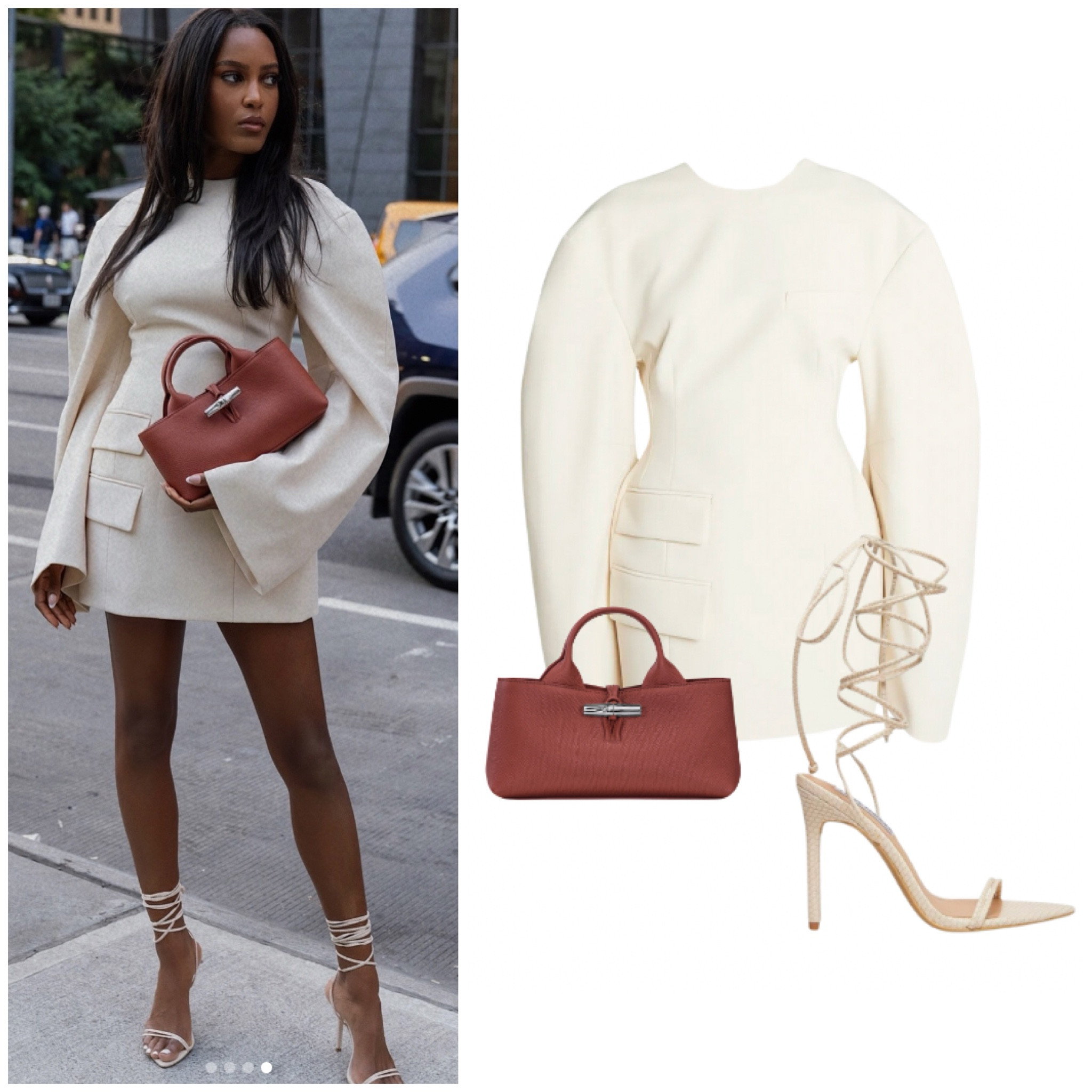 Ciara Miller’s Ivory Mini Dress, Bag and Ankle Wrap Sandals 📸 = @ciaramiller_