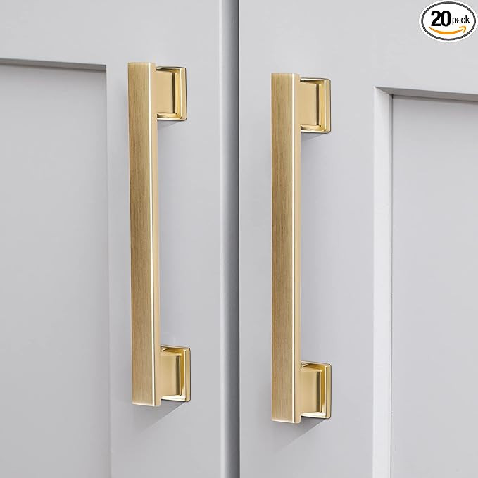 20 Pack Square Brushed Brass Cabinet Pulls, 5 Inch(128mm) Hole Centers Gold Cabinet Handles Hardw... | Amazon (US)