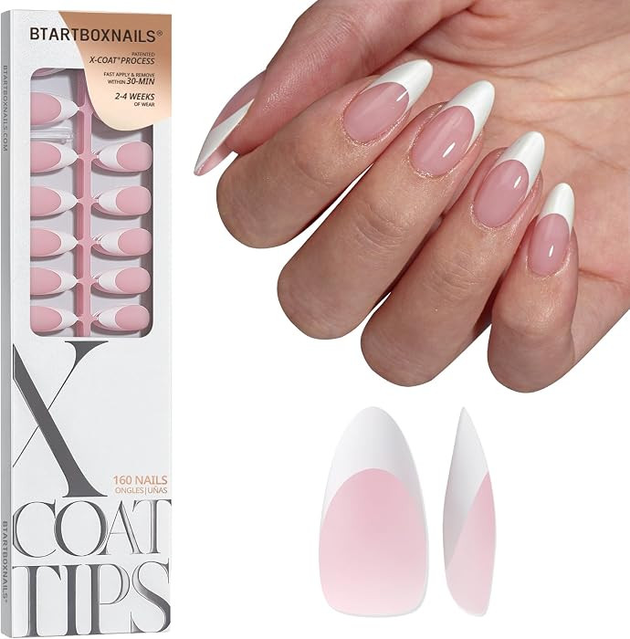 BTArtboxnails XCOATTIPS White French Tip Press On Nails, M Almond, Pink | Amazon (US)