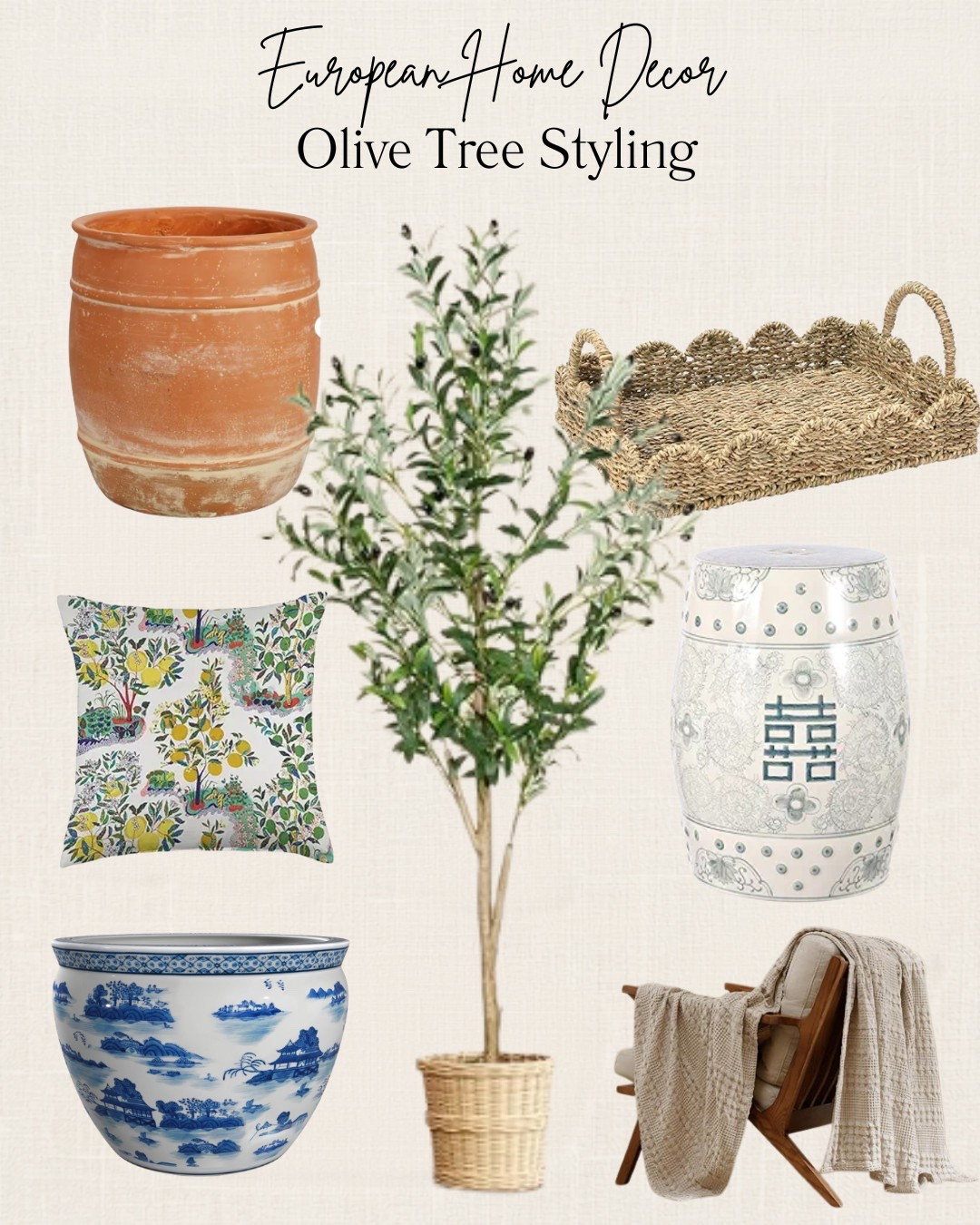 Faux Olive Tree styling for a French Country or European style home. 

Put the olive tree in the blue and white planter, add some other accessories- especially the citrus patterned pillow, and .. instant collected interior design look!

#LTKHome