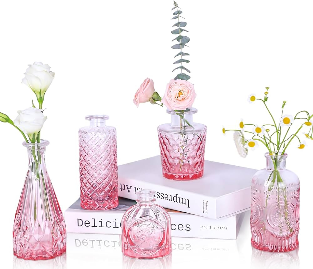 Glass Bud Vases Set of 5, Mini Flower Vases for Centerpieces, Small Clear Vases in Bulk for Weddi... | Amazon (US)