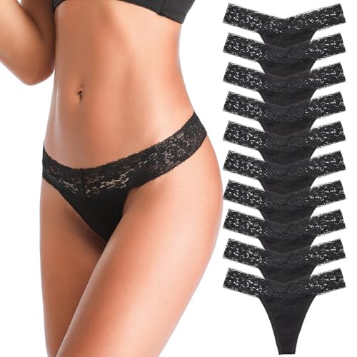 ANNYISON Women's Thongs, T Back Low Waist See Through Panties Cotton Seamless Lace Thongs for Women (Black 10 pack, Medium) | Amazon (US)