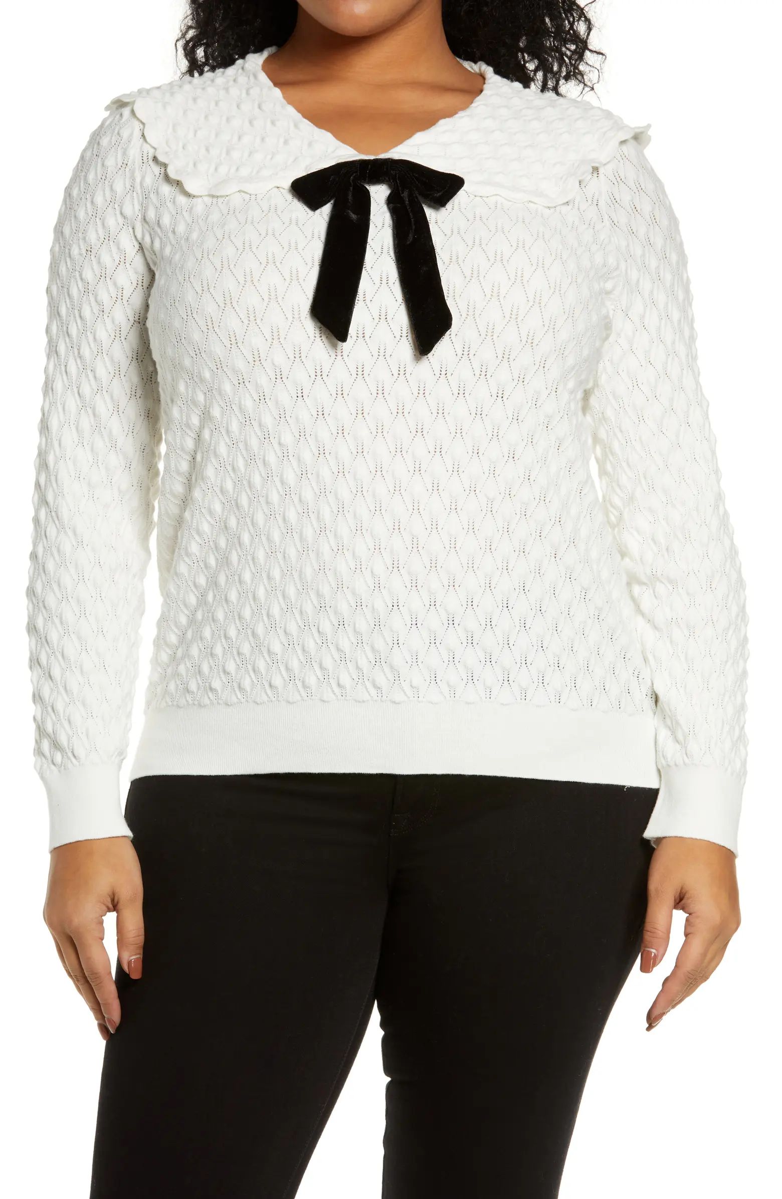 Pointelle Knit Collared Sweater with Velvet Bow | Nordstrom