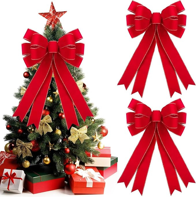 2 Pcs Red Christmas Bows Outdoor Decorations - 16”x24” Large Christmas Tree Topper Bow, Velve... | Amazon (US)