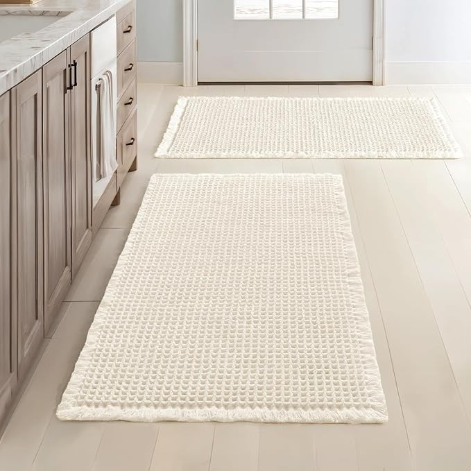 MIULEE Set of 2 Waffle Bathroom Rugs Boho Bath Mat Cream White 20x32 Inch | Amazon (US)