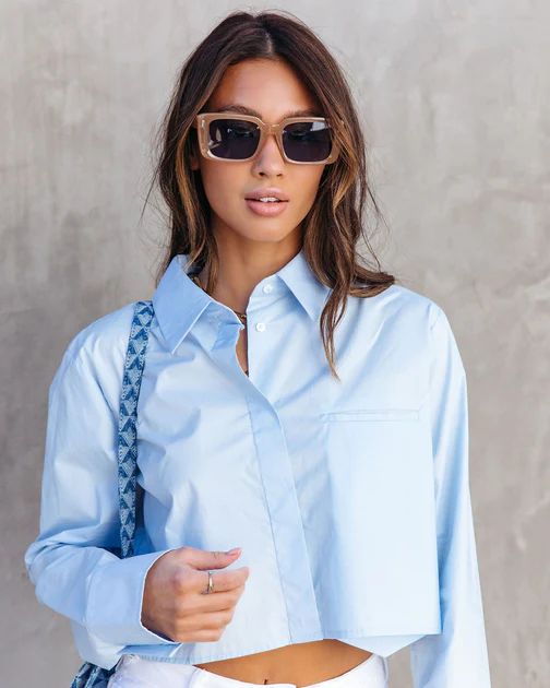 None Of Your Biz Cotton Cropped Button Up Top - Light Blue | VICI Collection
